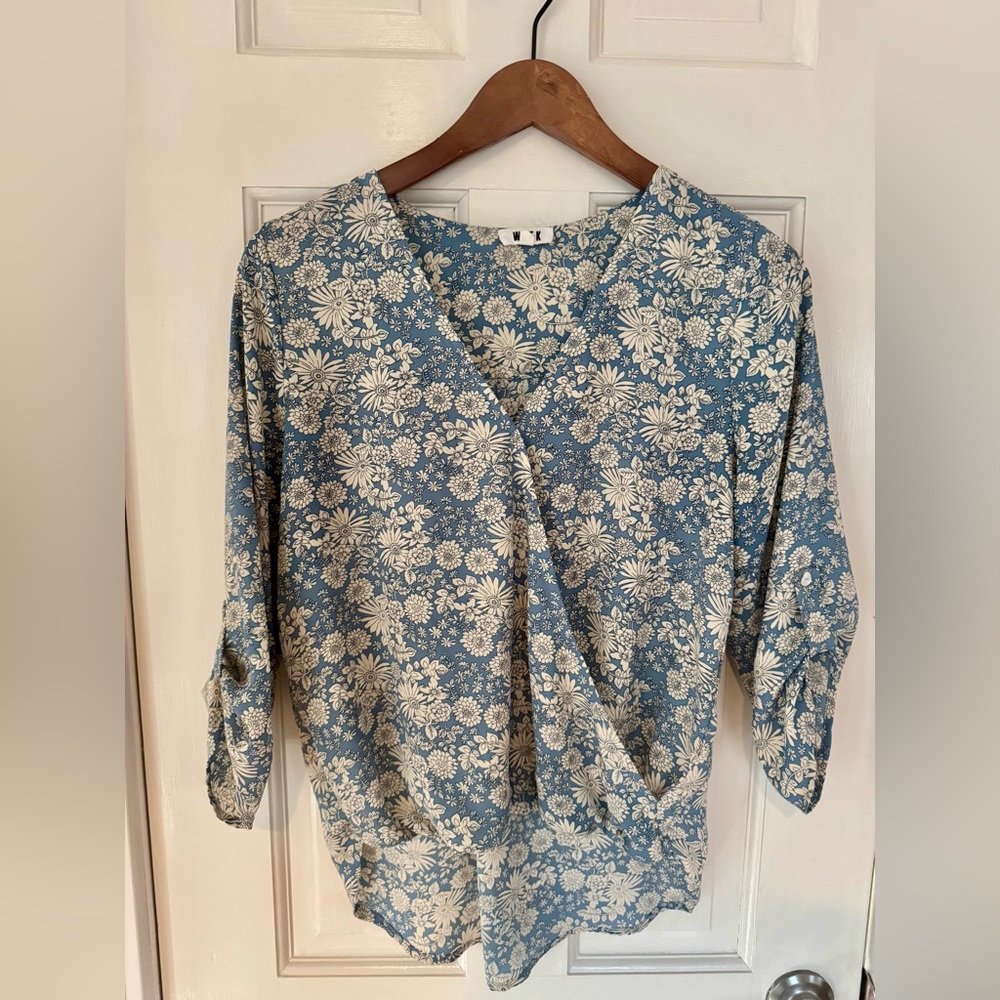 West K Blue & White Floral Surplice Faux Wrap Blouse